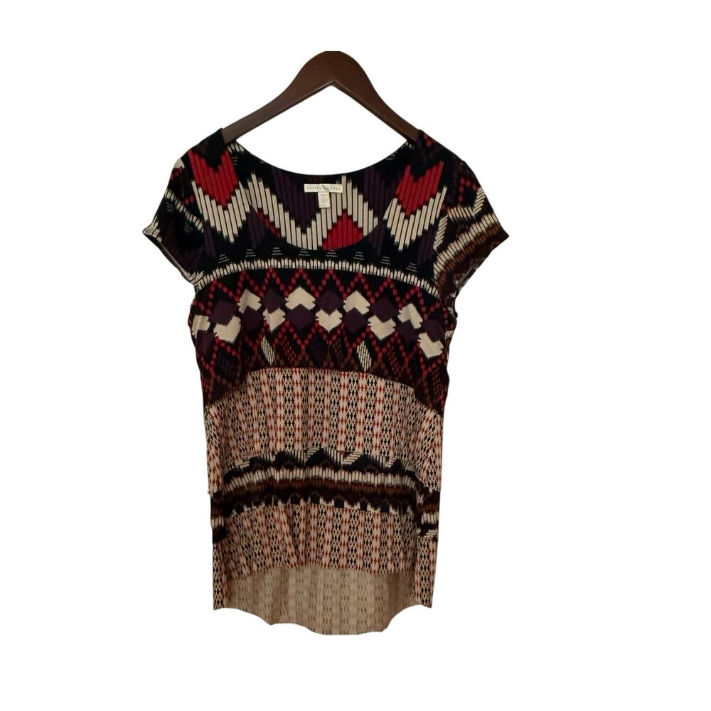 Weston Wear Neutral Brown Aztec Pattern Cap Sleeve Layered Hi Low Blouse Size L